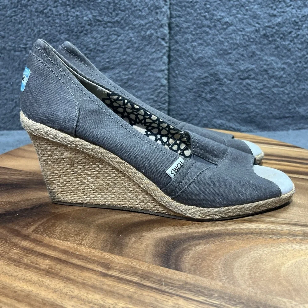 Toms Calypso Espadrille Platform Wedge Brown Canvas Peep Toe‎ Shoes Pumps Size 9